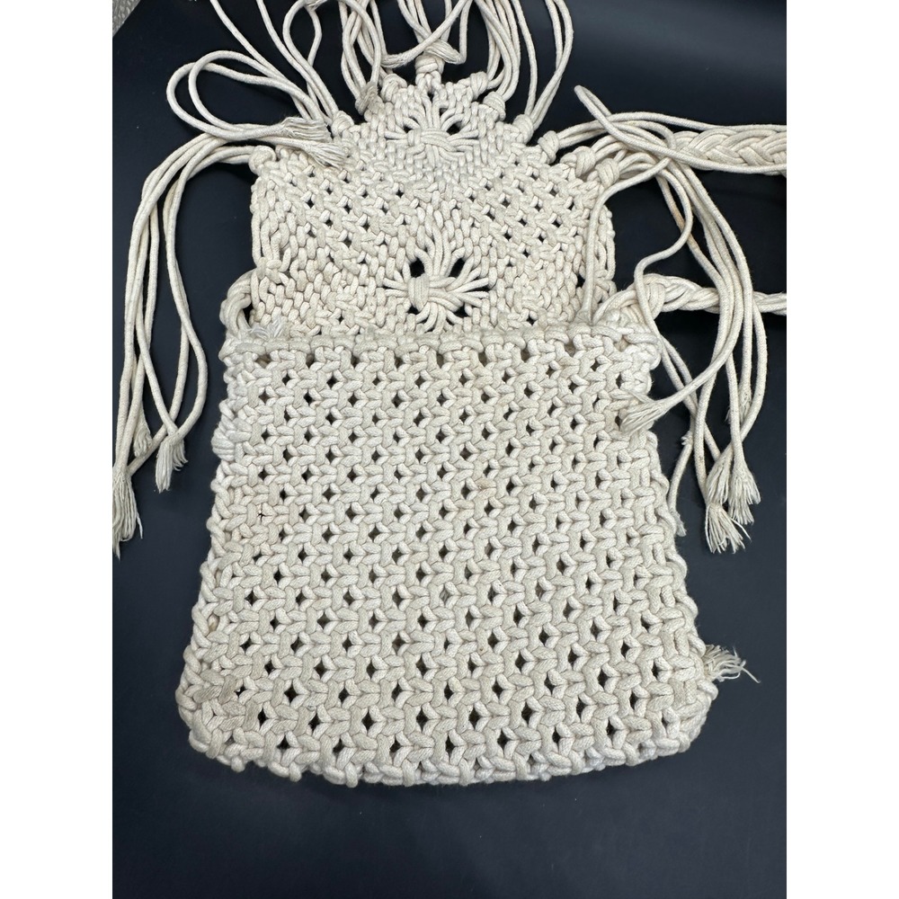 Vintage Handmade Macrame Shoulder Bag Fringe Tassel Small Cream
